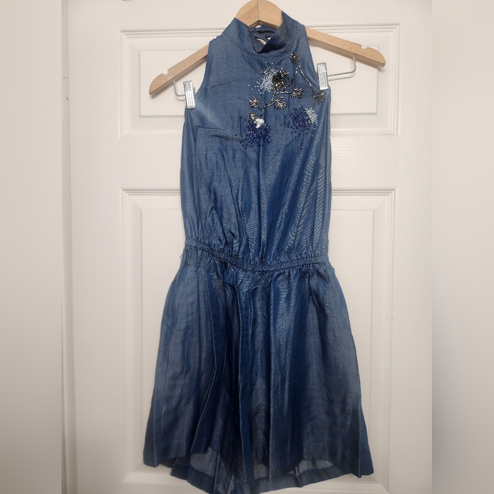 Size 6 Embroidered Blue Halter Short Romper